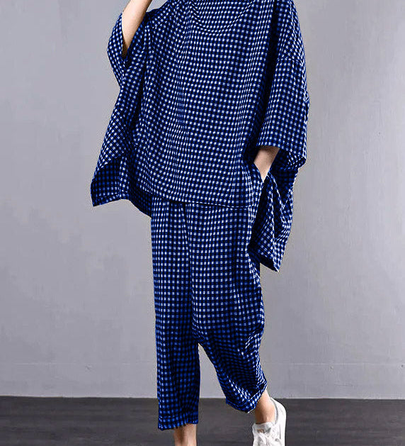 Casual Plus Size Cotton Linen red Plaid Vintage Blouse And Pants Two Pieces Set(Limited Stock)