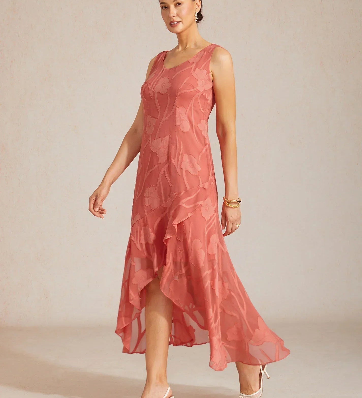 Floral Chiffon Sleeveless Evening Gown with Asymmetrical Hem