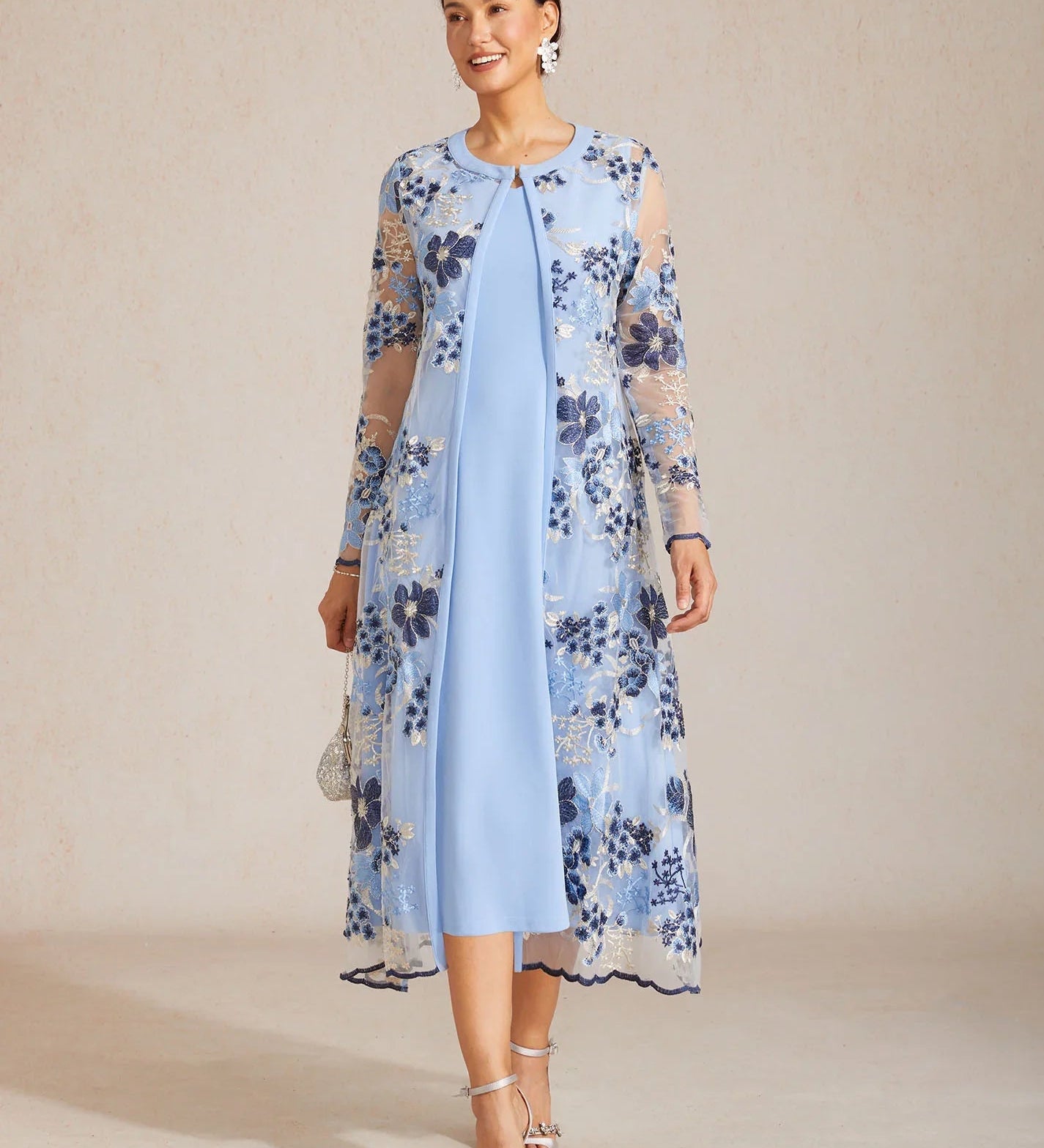 Mesh Lace Embroidered Floral Dress Set