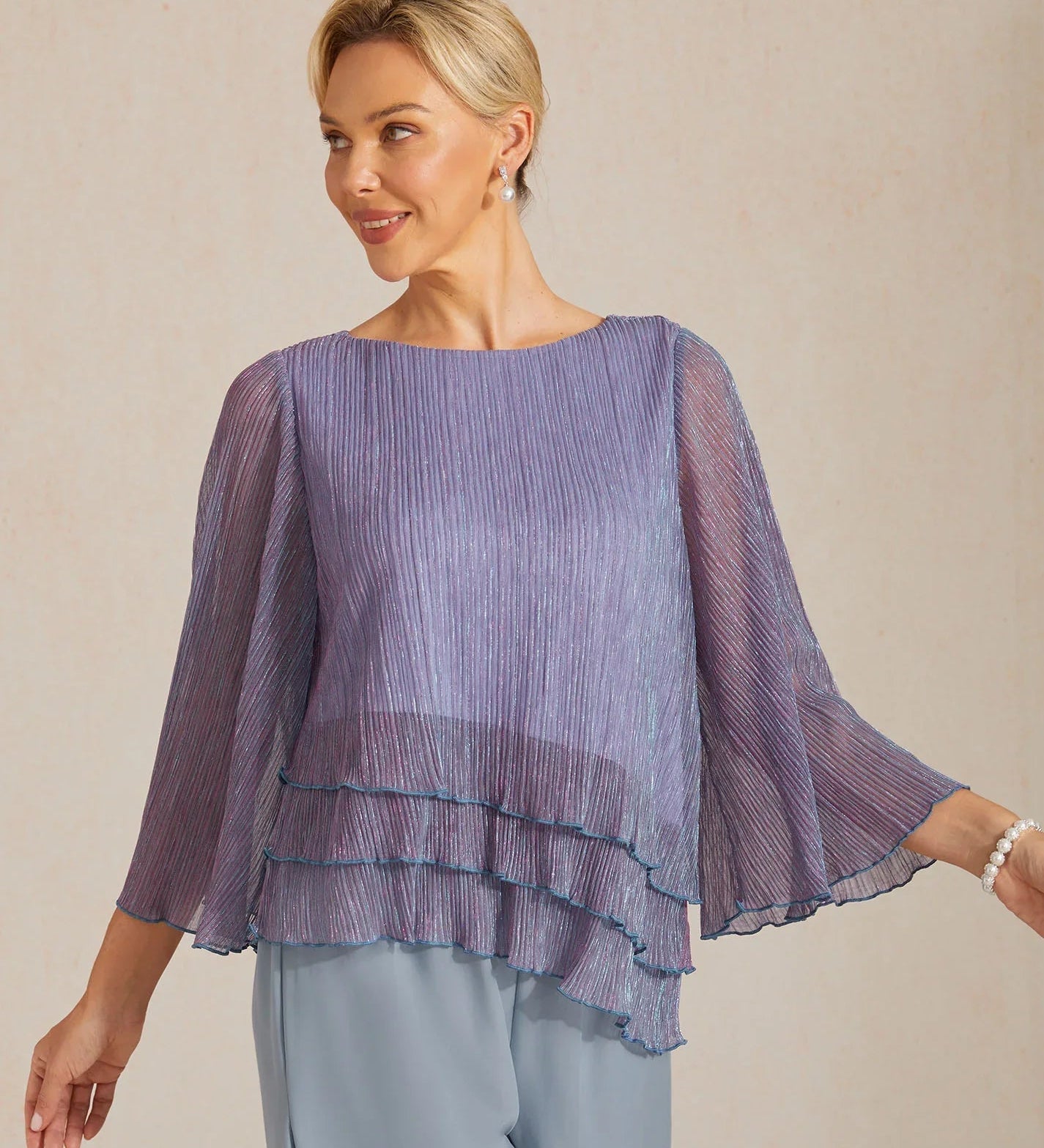 Metallic Pleated Chiffon Asymmetrical Layered Blouse