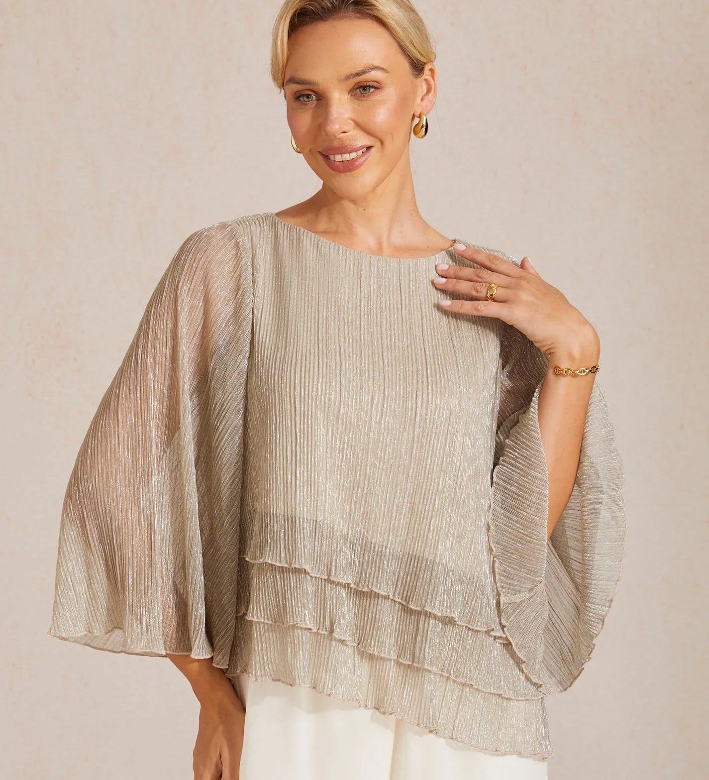 Metallic Pleated Chiffon Asymmetrical Layered Blouse