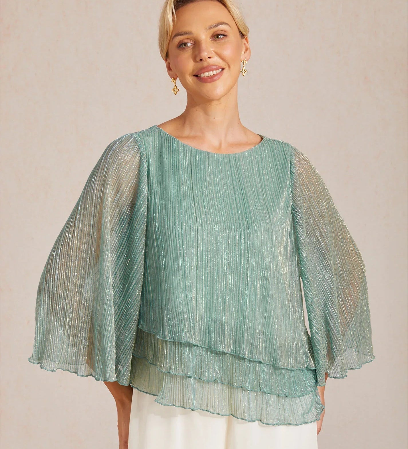 Metallic Pleated Chiffon Asymmetrical Layered Blouse