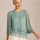 Metallic Pleated Chiffon Asymmetrical Layered Blouse