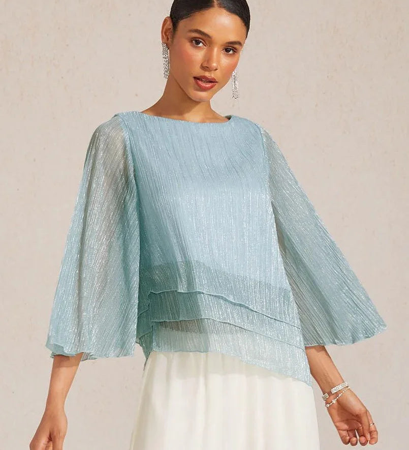 Metallic Pleated Chiffon Asymmetrical Layered Blouse