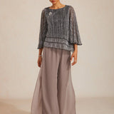 Metallic Pleated Chiffon Asymmetrical Layered Blouse