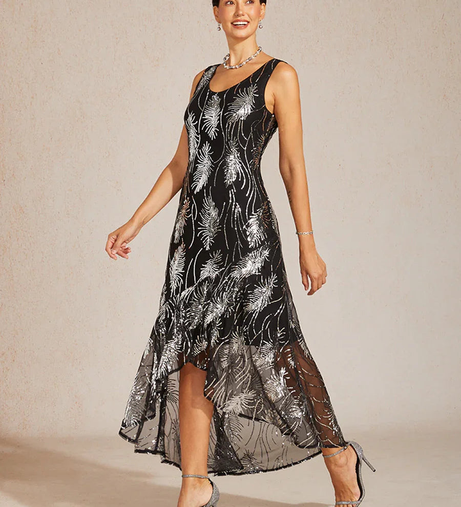 Sleeveless A-Line Maxi Dress with Mesh Sequin