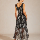 Sleeveless A-Line Maxi Dress with Mesh Sequin