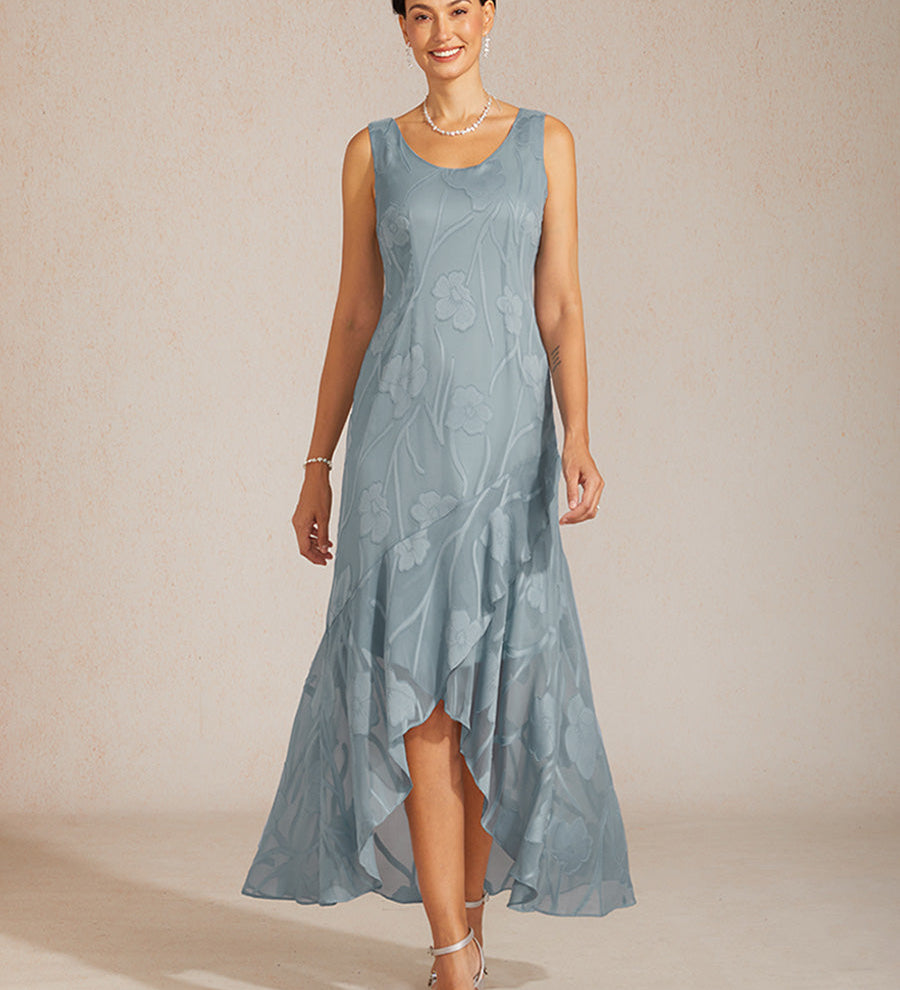 Floral Chiffon Sleeveless Evening Gown with Asymmetrical Hem