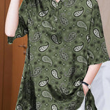 Italian Dark Blue Peter Pan Collar button Asymmetrical print Silk tops Spring