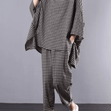 Casual Plus Size Cotton Linen red Plaid Vintage Blouse And Pants Two Pieces Set(Limited Stock)