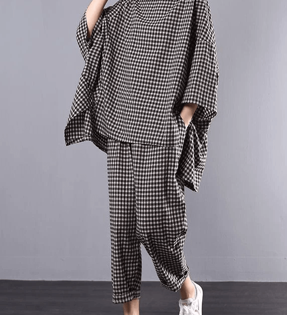 Casual Plus Size Cotton Linen red Plaid Vintage Blouse And Pants Two Pieces Set(Limited Stock)