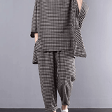 Casual Plus Size Cotton Linen red Plaid Vintage Blouse And Pants Two Pieces Set(Limited Stock)