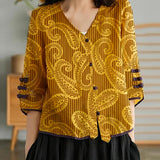 Women Yellow Casual Ramie Cardigan Embroidered Shirt