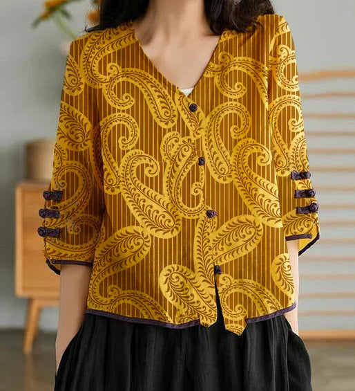 Women Yellow Casual Ramie Cardigan Embroidered Shirt