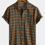 Men's Vintage Plaid Casual Pocket Short Sleeve Shirt