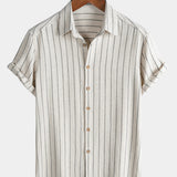 Men's Beige Stripe Linen Casual Short Sleeve Shirt