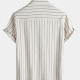 Men's Beige Stripe Linen Casual Short Sleeve Shirt