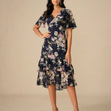 Floral Chiffon V Neck Ruffle Midi Dress