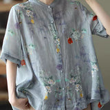 Elegant Blue Stand Collar Print Tops Half Sleeve