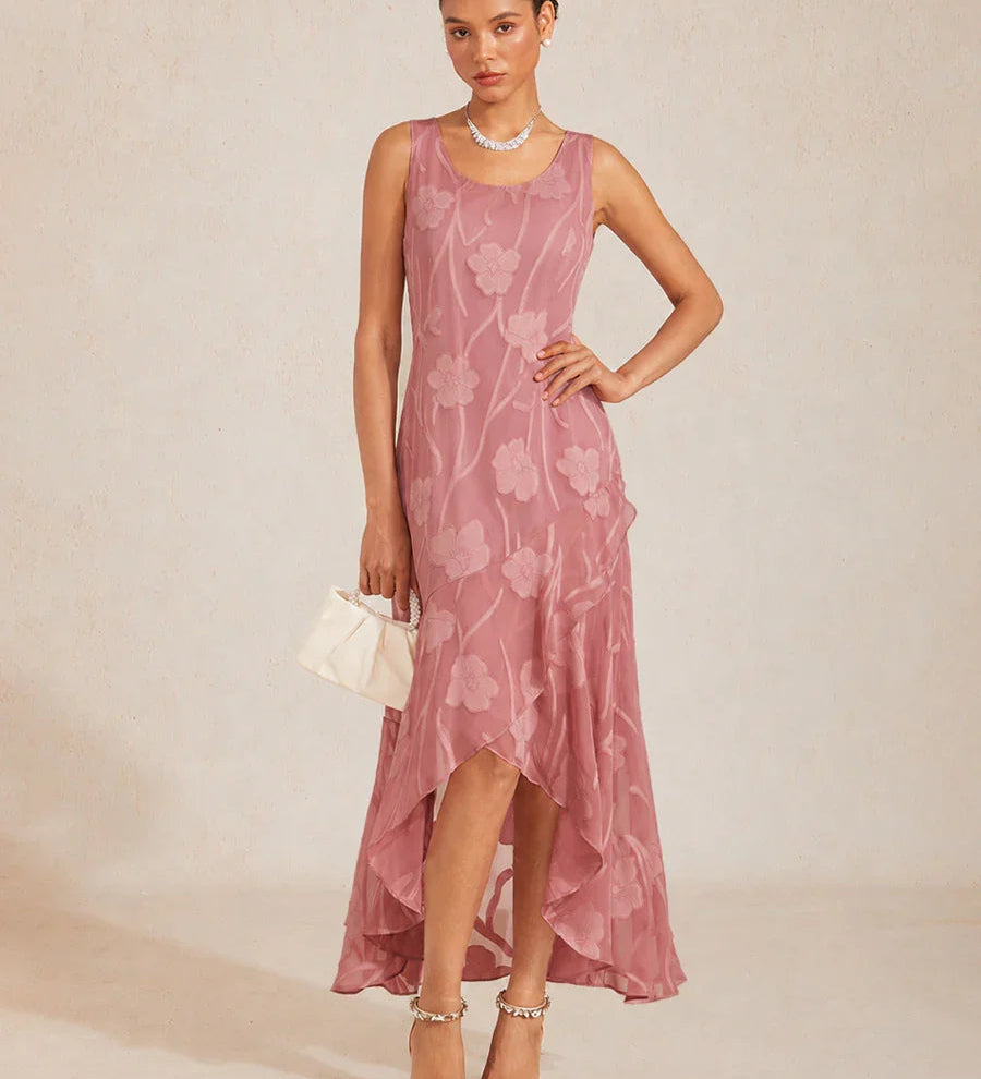 Floral Chiffon Sleeveless Evening Gown with Asymmetrical Hem