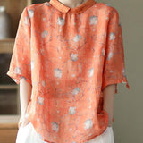 DIY Orange Print Ramie Half Sleeve Shirt Summer