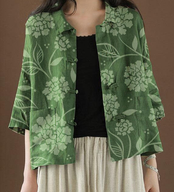 Beautiful Green Peter Pan Collar Pockets Summer Linen top