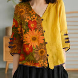 Women Yellow Casual Ramie Cardigan Embroidered Shirt