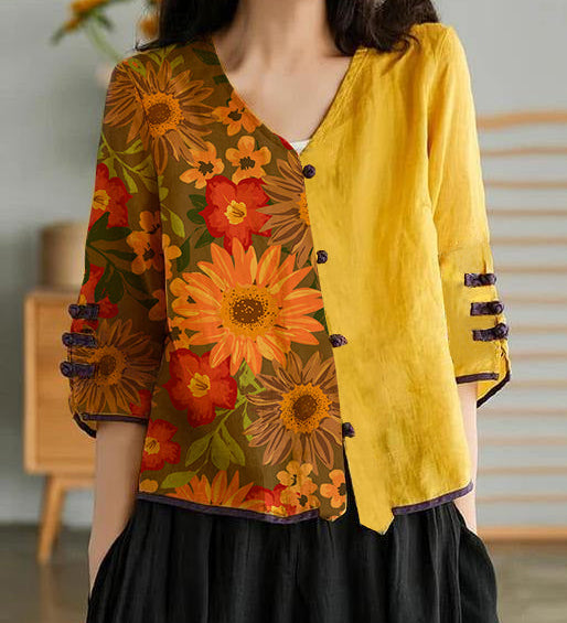 Women Yellow Casual Ramie Cardigan Embroidered Shirt
