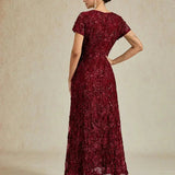 Rosette Lace A-Line Gown with Sequin Embellishment