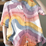 Elegant Blue Stand Collar Print Tops Half Sleeve