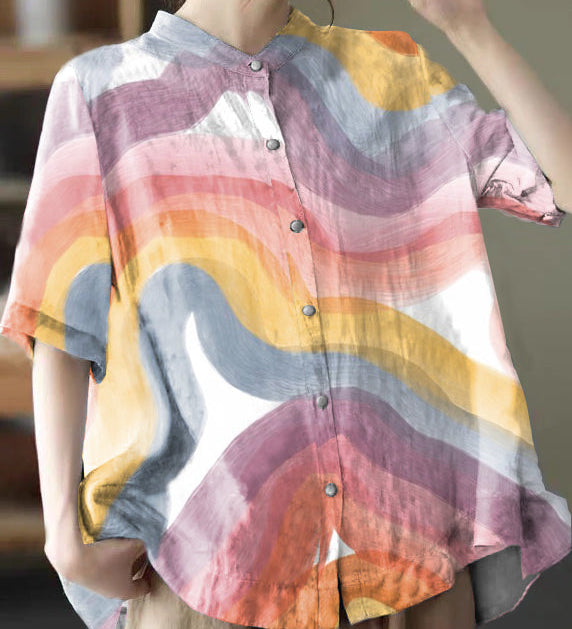 Elegant Blue Stand Collar Print Tops Half Sleeve