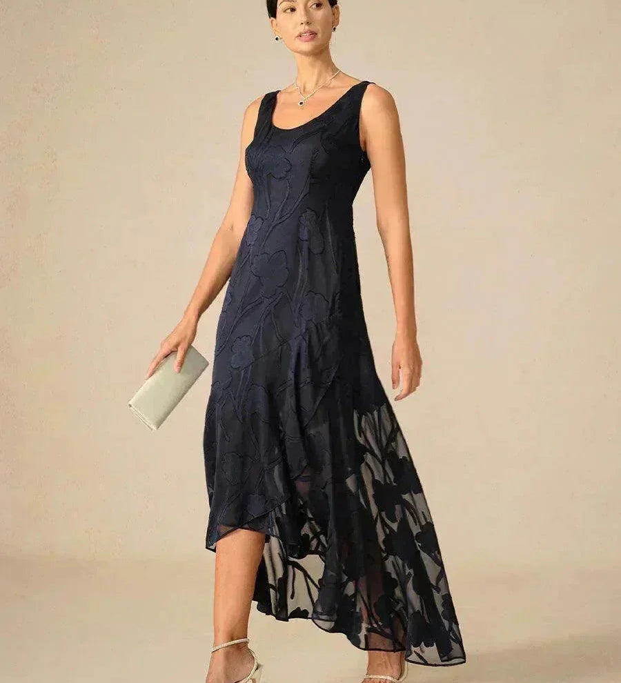 Floral Chiffon Sleeveless Evening Gown with Asymmetrical Hem