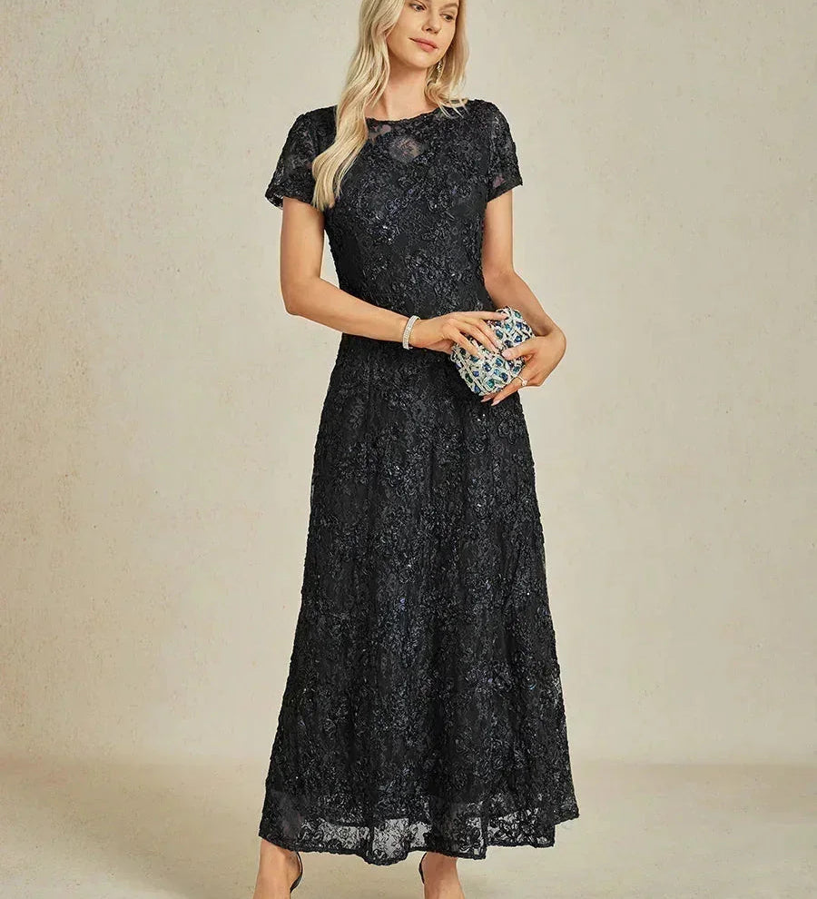 Rosette Lace A-Line Gown with Sequin Embellishment
