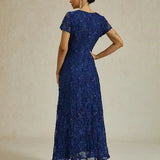 Rosette Lace A-Line Gown with Sequin Embellishment