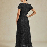 Rosette Lace A-Line Gown with Sequin Embellishment