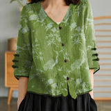 Women Yellow Casual Ramie Cardigan Embroidered Shirt
