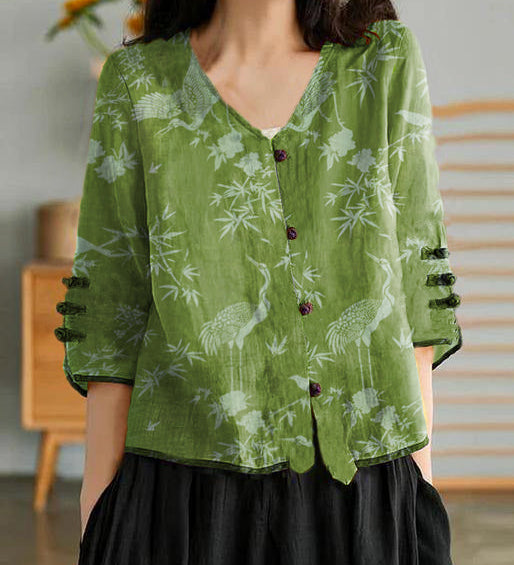 Women Yellow Casual Ramie Cardigan Embroidered Shirt