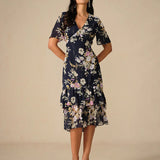 Floral Chiffon V Neck Ruffle Midi Dress