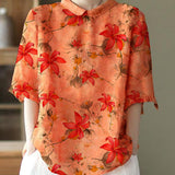 DIY Orange Print Ramie Half Sleeve Shirt Summer
