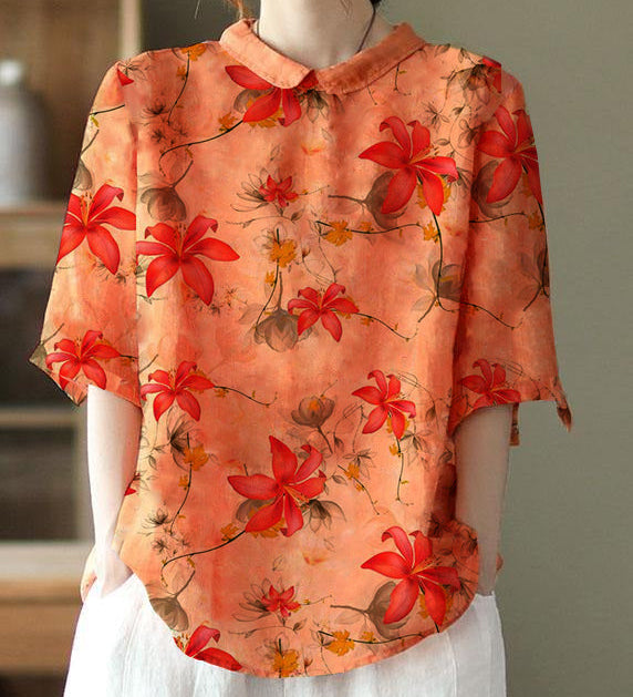 DIY Orange Print Ramie Half Sleeve Shirt Summer