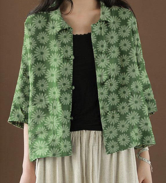 Beautiful Green Peter Pan Collar Pockets Summer Linen top