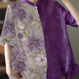 Elegant Blue Stand Collar Print Tops Half Sleeve