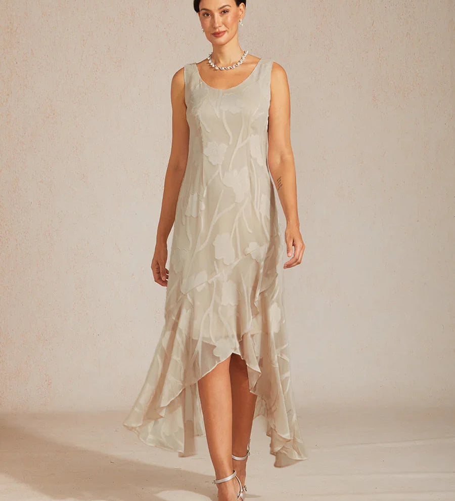Floral Chiffon Sleeveless Evening Gown with Asymmetrical Hem