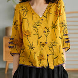 Women Yellow Casual Ramie Cardigan Embroidered Shirt
