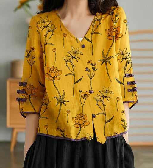 Women Yellow Casual Ramie Cardigan Embroidered Shirt