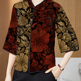 Vintage Red Mandarin Collar Print Silk Shirt Tops Half Sleeve