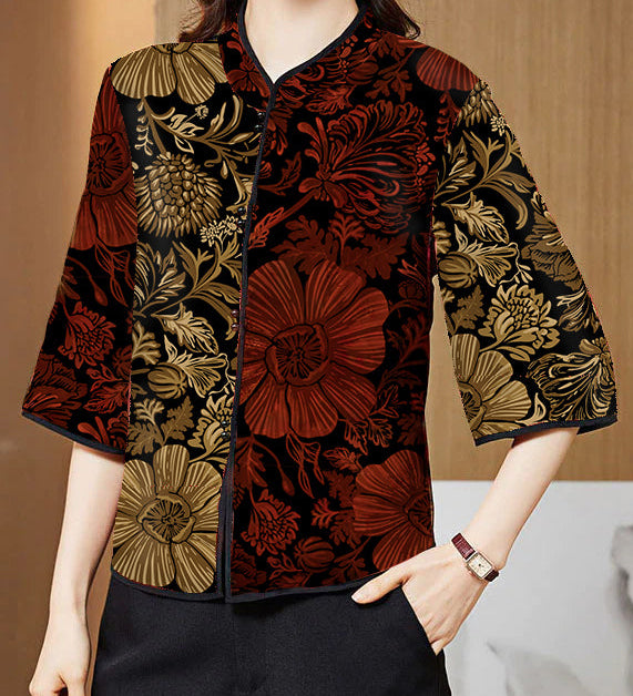 Vintage Red Mandarin Collar Print Silk Shirt Tops Half Sleeve