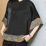 Vintage Black Mandarin Collar Asymmetrical Patchwork Jacquard Silk Shirts Batwing Sleeve