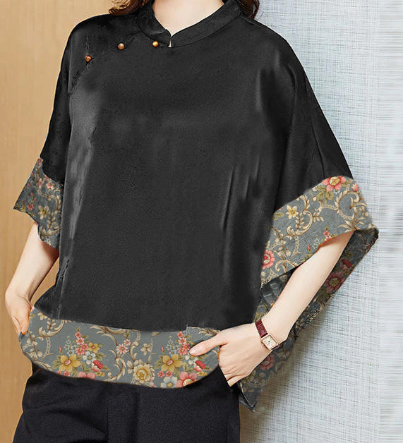 Vintage Black Mandarin Collar Asymmetrical Patchwork Jacquard Silk Shirts Batwing Sleeve