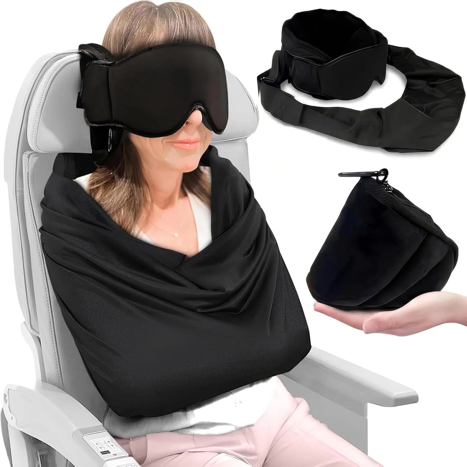 3-in-1 travel sleep system with eye mask, neck support and body sling